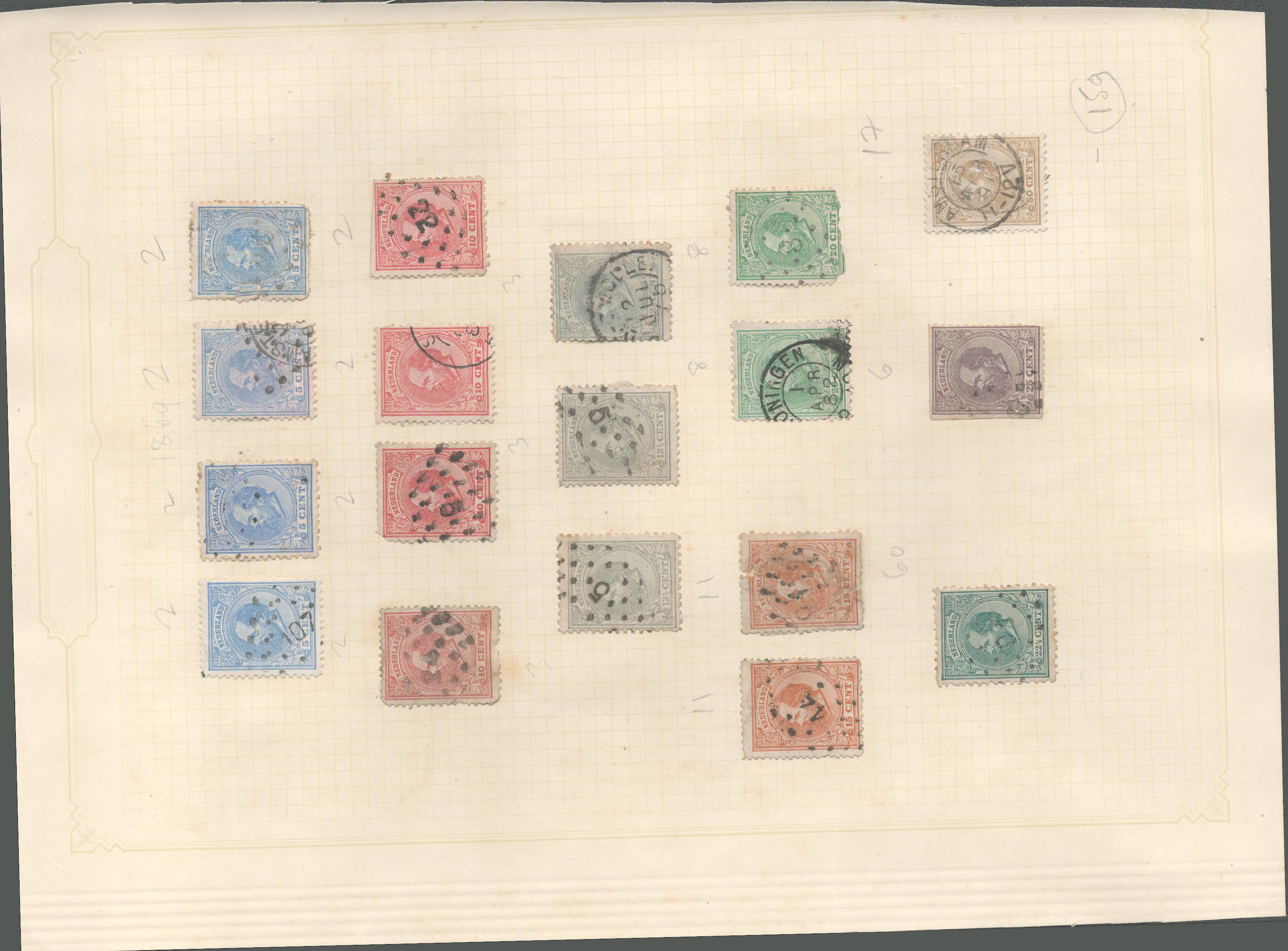 Dutch stamp collection on 1 loose album page. 18 stamps. 1869. Cat value approx. £150. Good