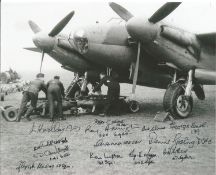 World War II Mosquito 10x8 black and white photo signed by 13 Mosquito Pilots and Navigator veterans