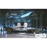 F1 Lewis Hamilton and Valtteri Bottas signed Mercedes illustrated metal plate approx. 8 x 6