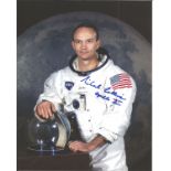 Michael Collins Apollo 11 astronaut signed 10 x 8 inch colour white space suit photo. Good