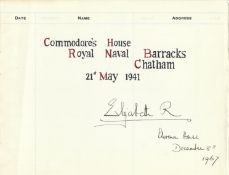 Queen Elizabeth Queen Mother signed page taken from visitors book 21st May 1941, Commodores House