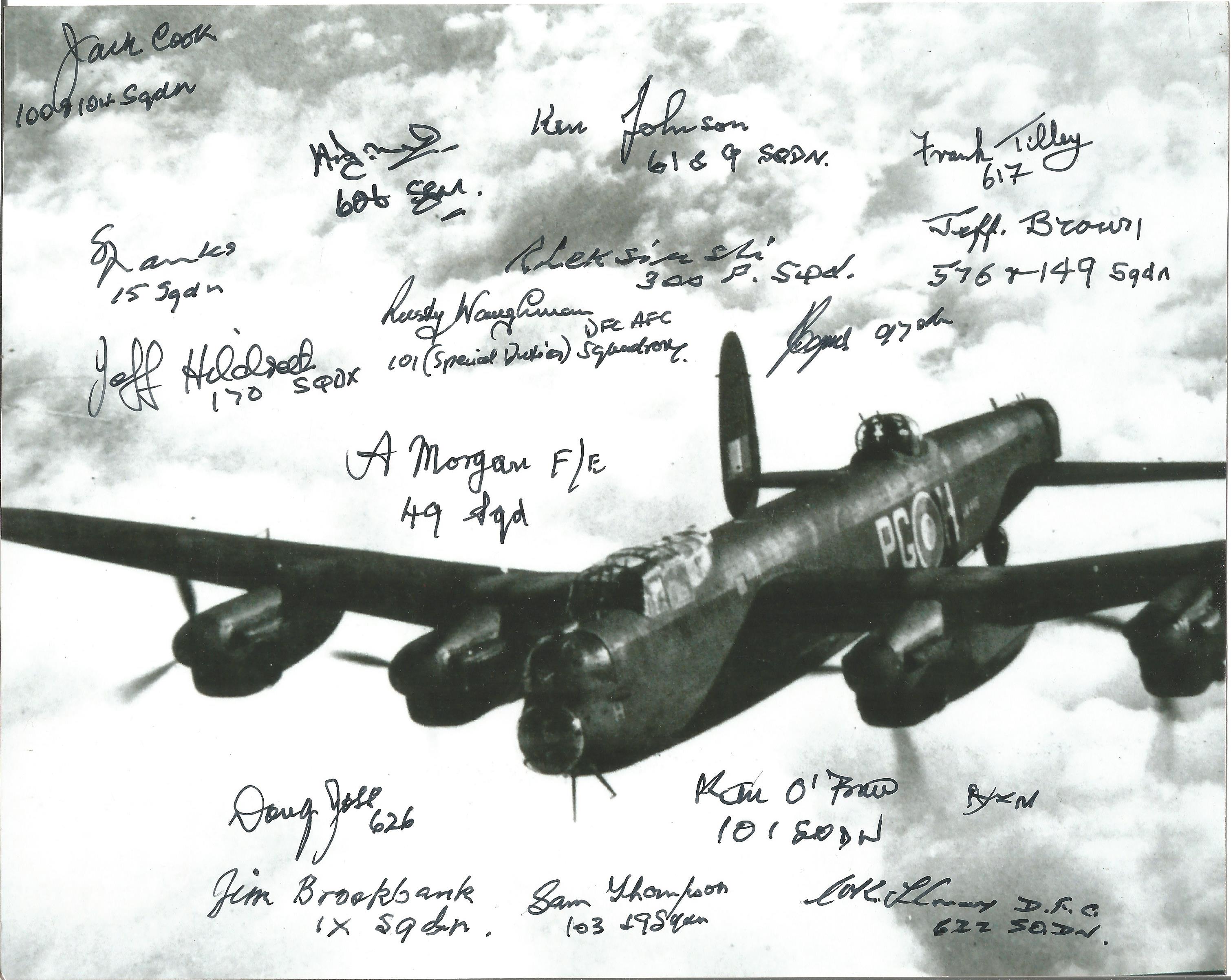 World War II Lancaster multi signed 10x8 black and white photo 16 bomber command veterans signatures