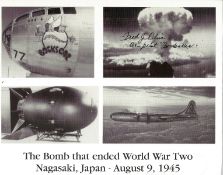 WW2 Fred Olivi Co Pilot Atom bomb plane Bockscar signed 10 x 8 inch b/w montage photo. Good