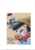 Eddie Carroll signed 14x11 Walt Disney Jiminy Cricket and Pinocchio aniamted colour print