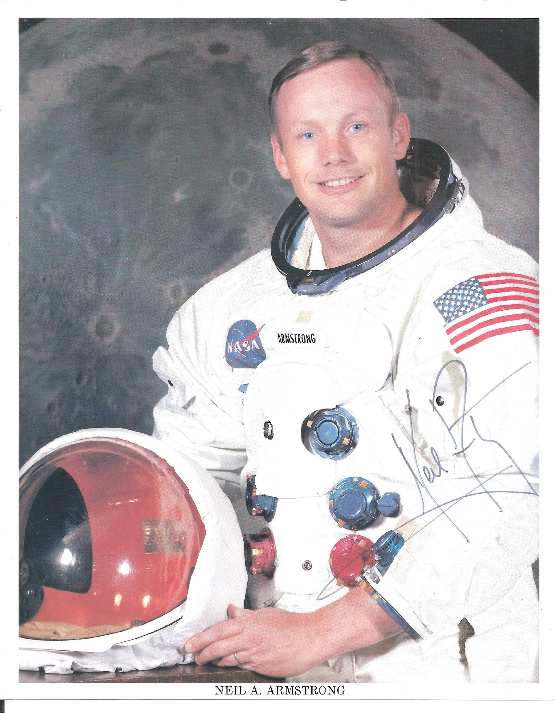 Neil Armstrong signed 10 x 8 inch colour white space suit photo. Original NASA photo printed on