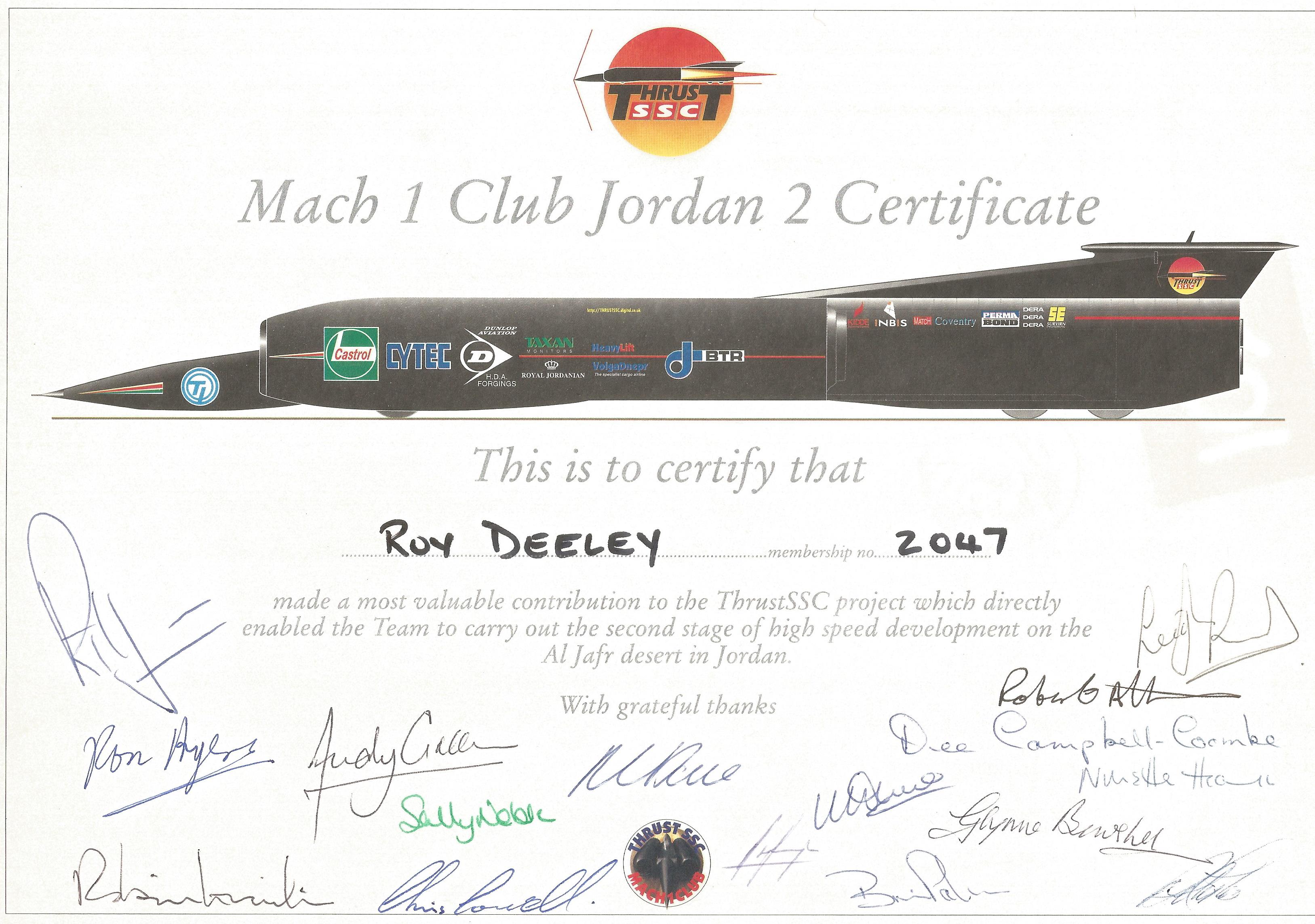 Thrust SSC Land Speed Record Mach 1 Club Jordan 2 multi signed certificated 17 signatures from