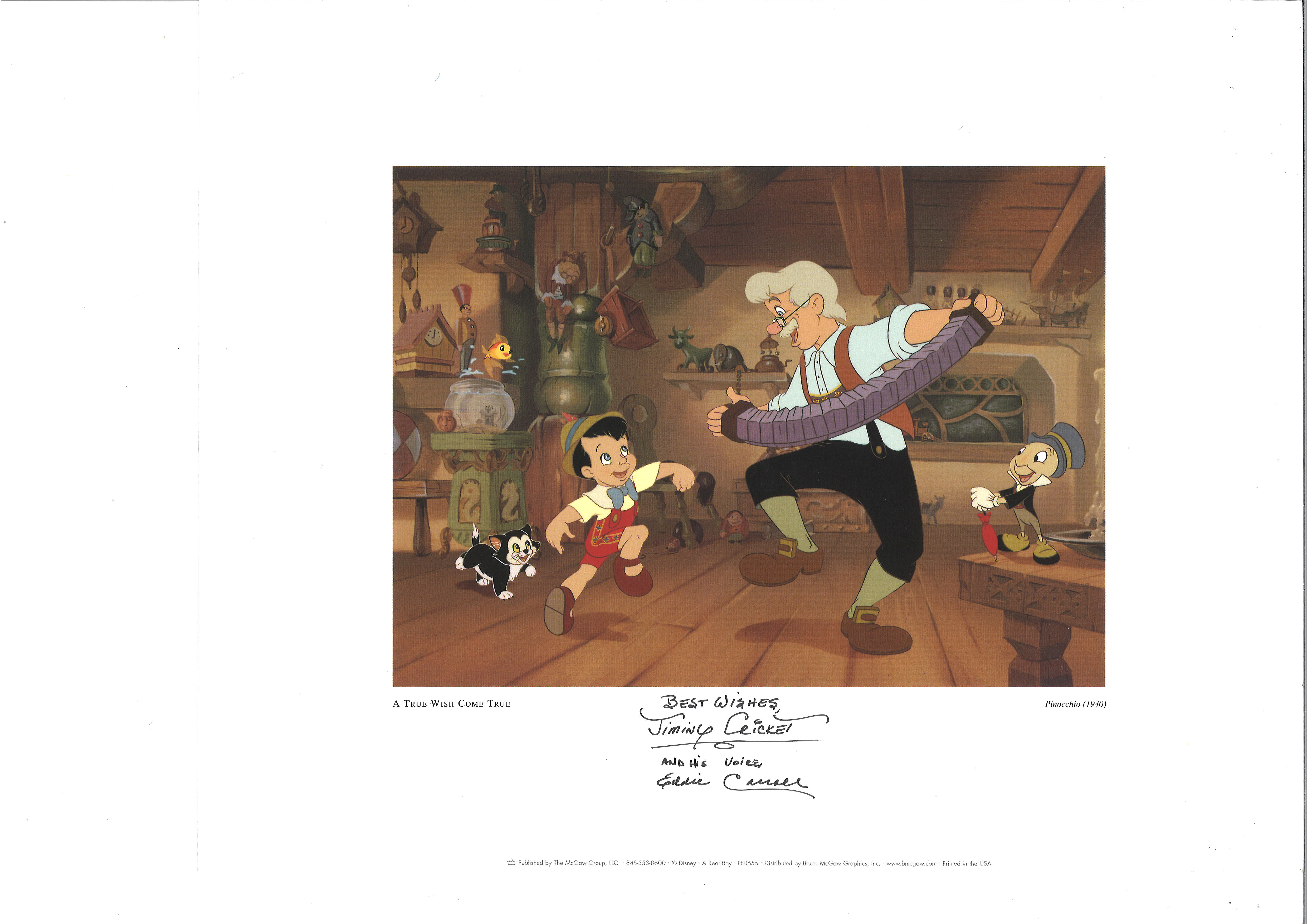 Eddie Carroll signed 14x11 Walt Disney Jiminy Cricket and Pinocchio aniamted colour print