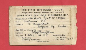 Prince Phillip (of Greece) signed British Officers Club Application for membership cad. Approx. 4