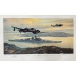 World War II 28x17 print titled Bismark into Battle signed in pencil by the artist Mark