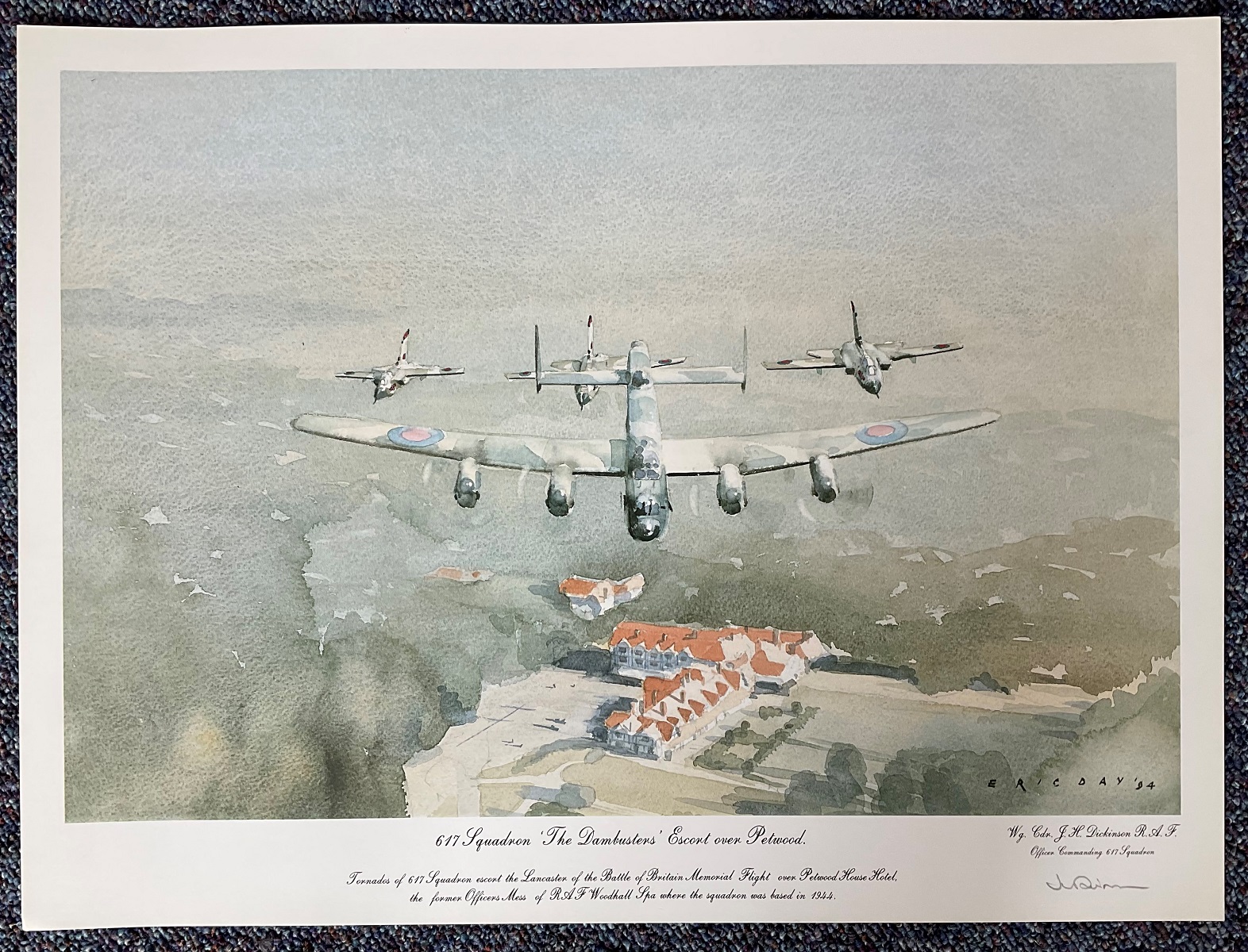 World War II 17x22 print titled 617 Squadron The Dambusters Escort Over Petwood by the artist Eric