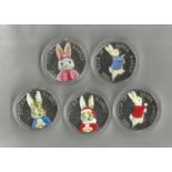 Set of 5 Royal Mint Peter Rabbit brilliant uncirculated UK 50p coins, three from 2016 and two from