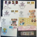 Diana Princess of Wales Collection 7 FDC with Stamps and FDI Postmarks, Including 2 x Royal