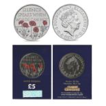Royal Mint 2017 Remembrance Day brilliant, uncirculated UK £5 coin with coloured poppy design,