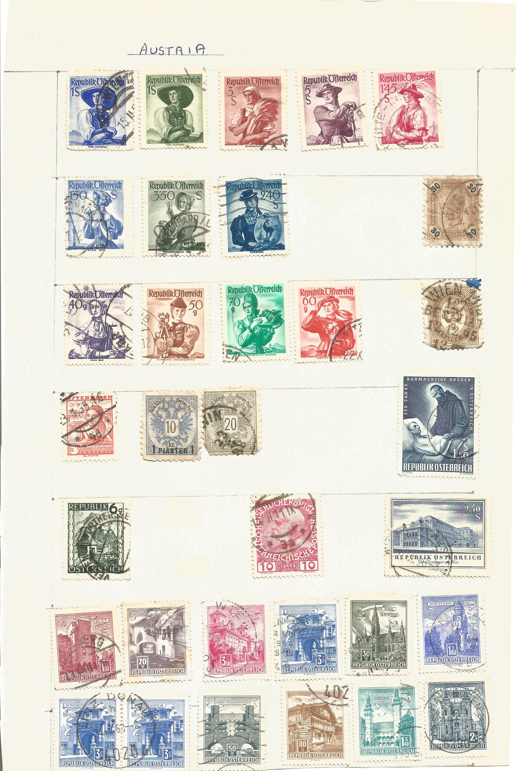 Assorted stamp collection on 13 album pages. Includes Austria, Belgium, Belgian Congo, Denmark,