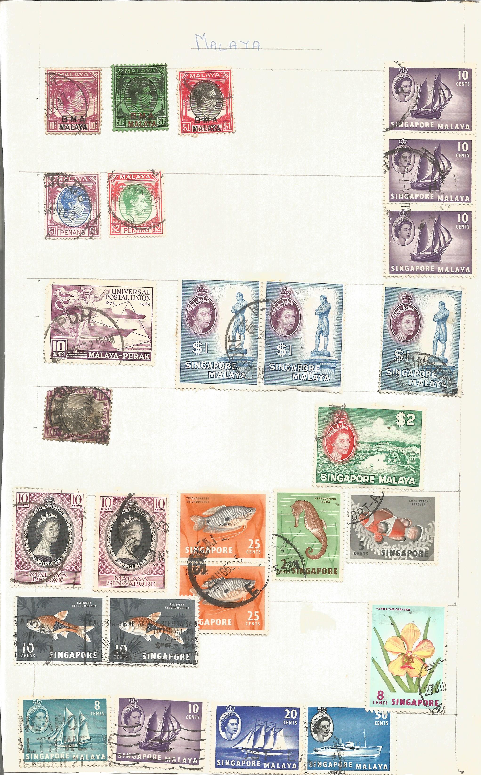 World stamp collection on 20 album pages. Includes Singapore, BCW, Monaco, India, S Rhodesia, San