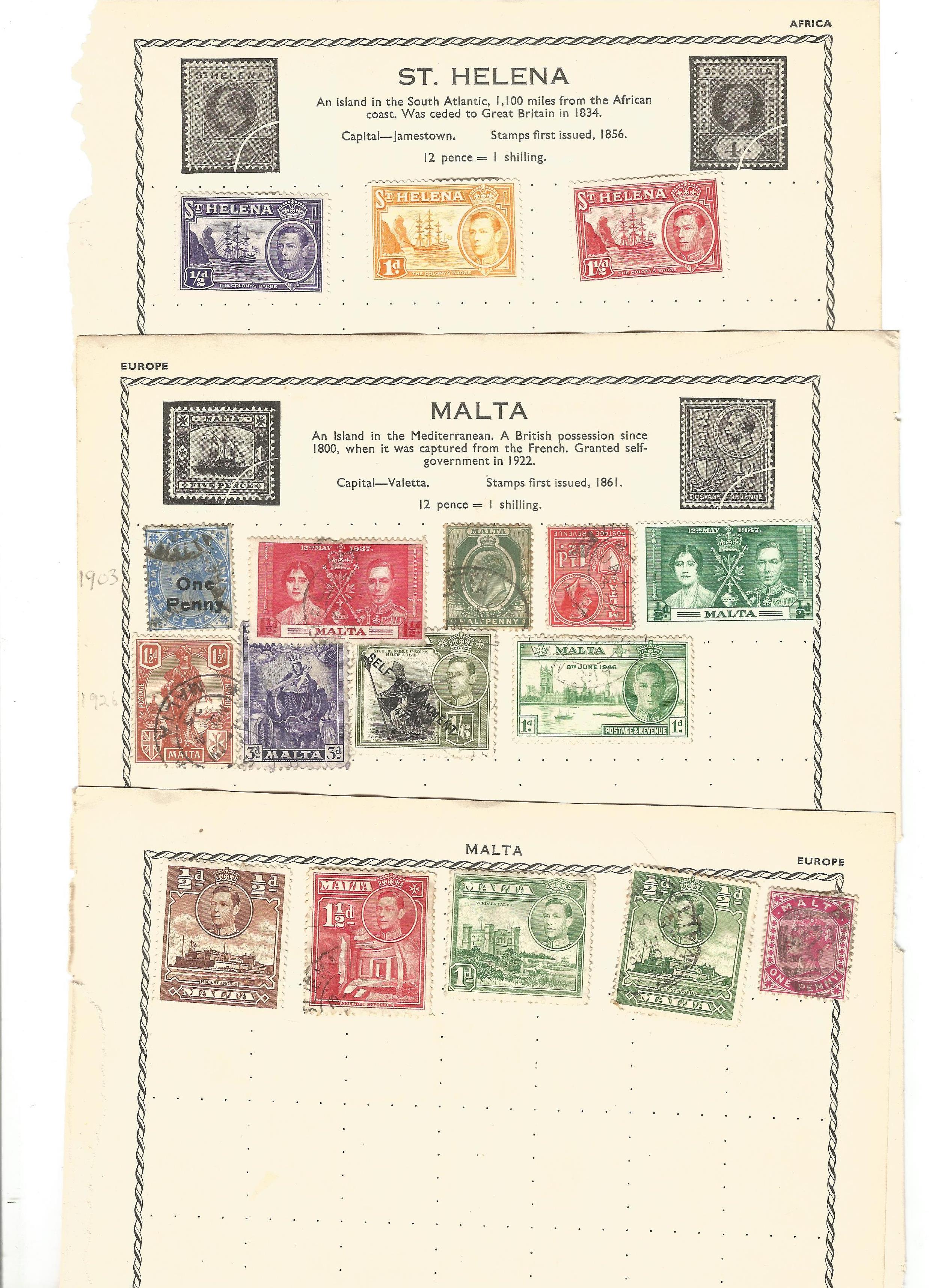 Assorted BCW used stamp collection on 8 loose pages. Includes St Helena, Malta, Ireland, Jamaica and