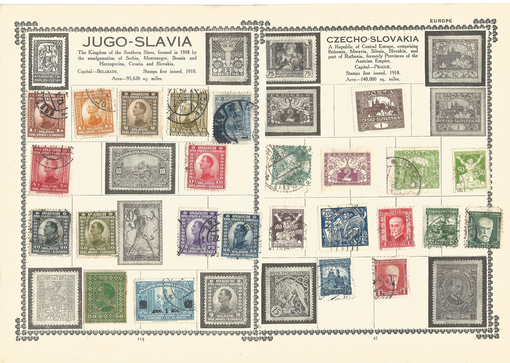 9 loose pages from old collection containing stamps from Yugoslavia, Poland, Russia and Hungary.