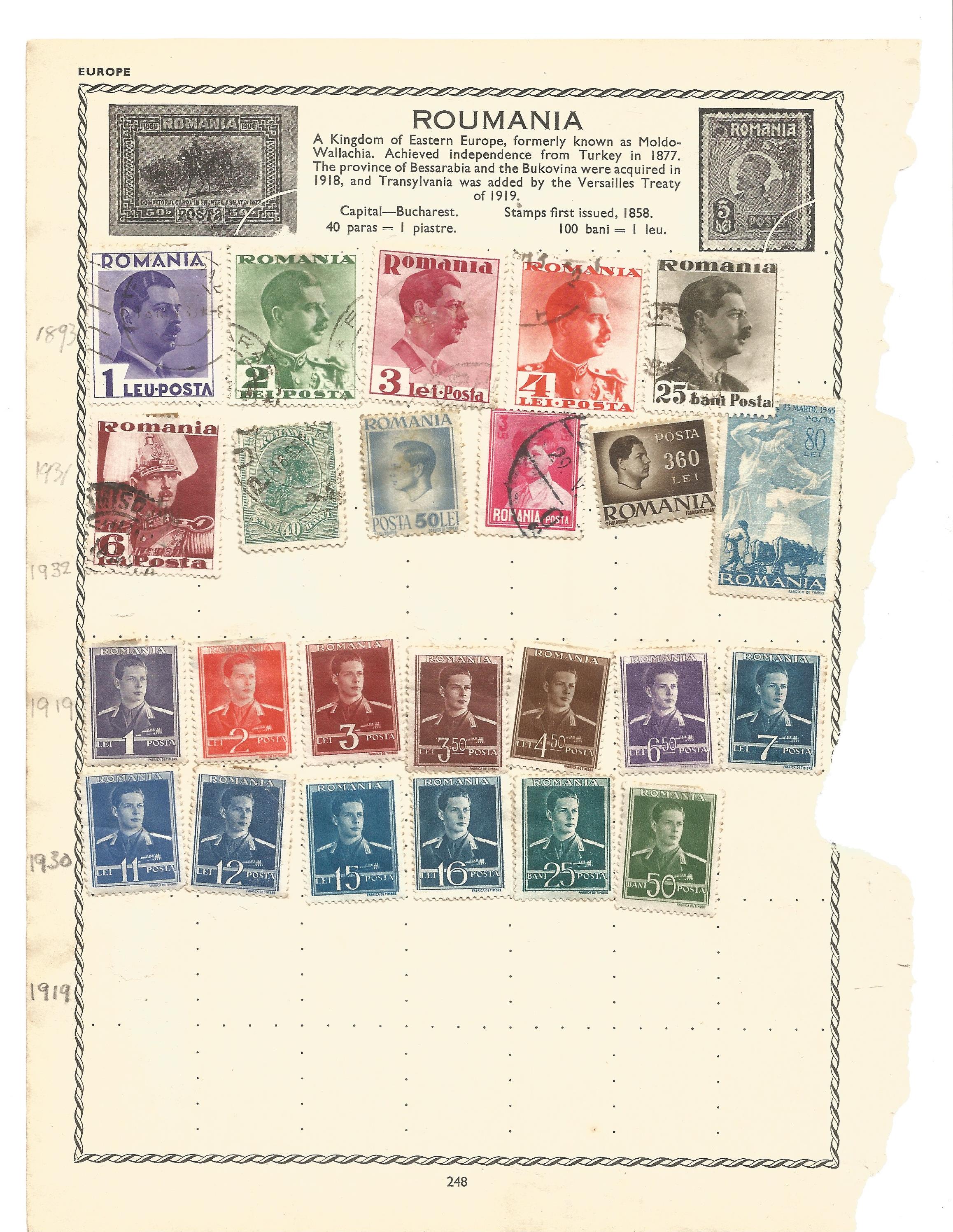 Romania, Slovenia, Hungary, Poland and Yugoslavia stamp collection on 5 pages. Good condition. We