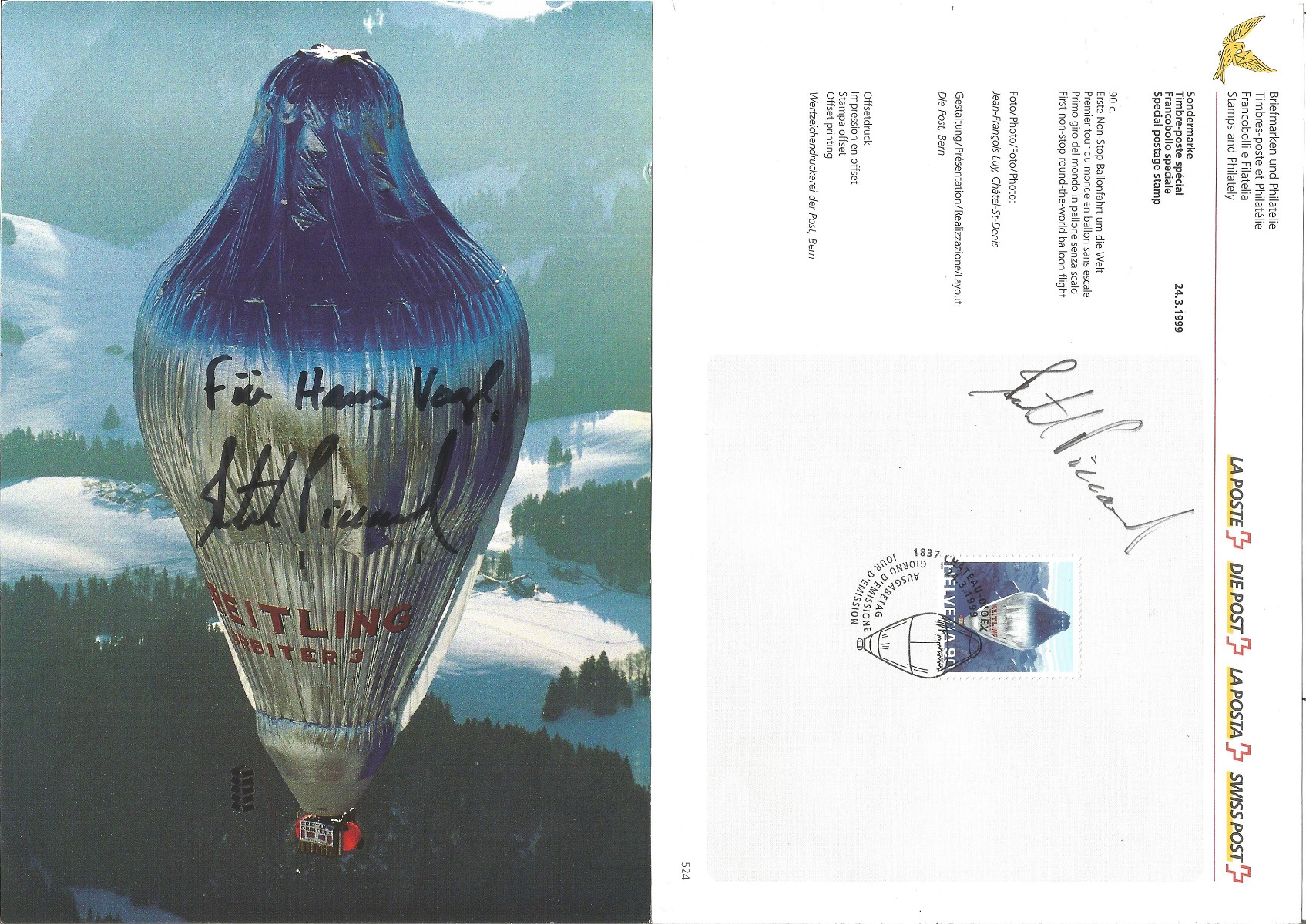 Bertrand Piccard signed 8x6 colour postcard showing Piccard's hot air balloon. Also included is a