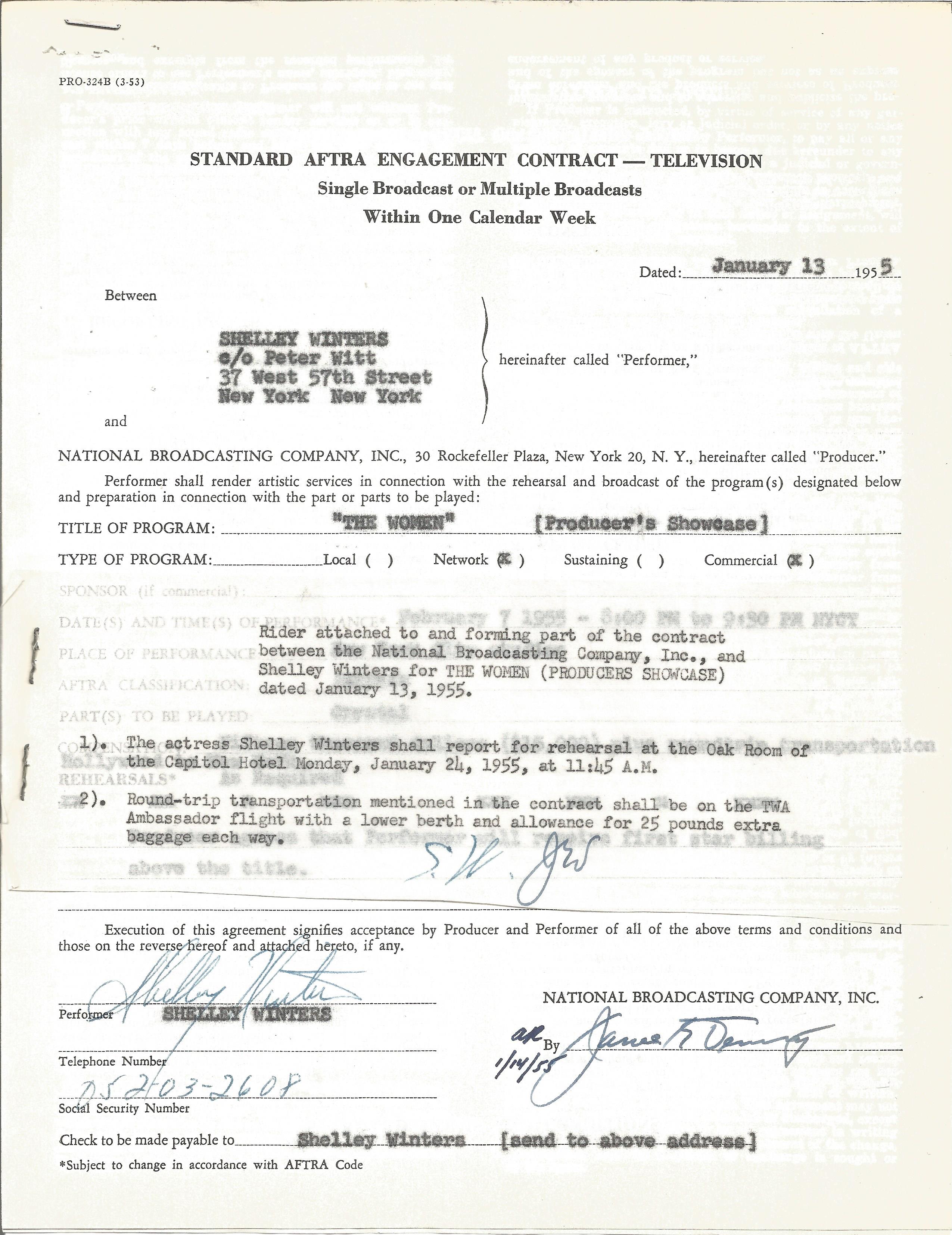 A Shelly Winters Contract from the National Broadcasting Company INC, New York. The Contract is