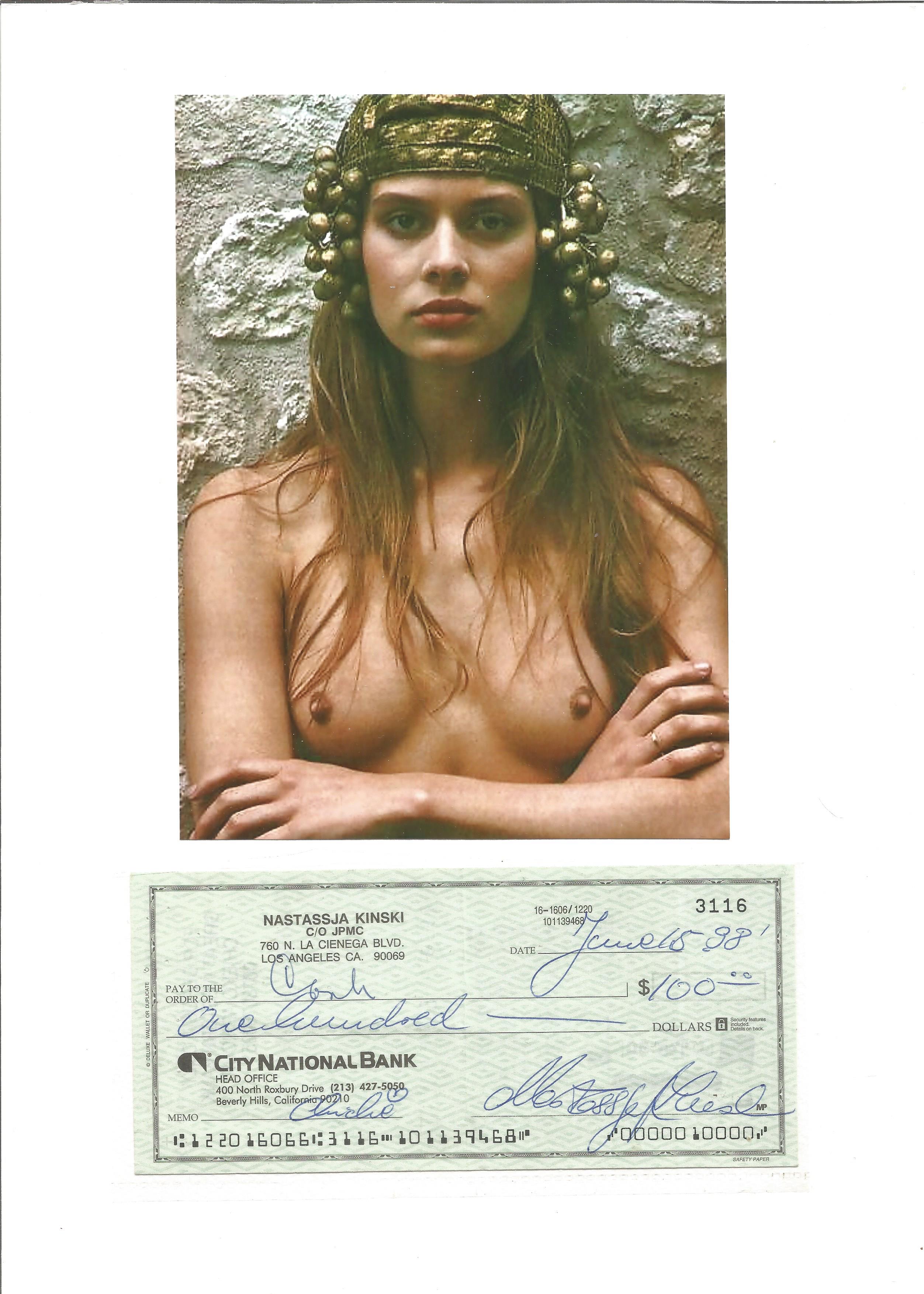 Nastassja Kinski signed cheque for $100 in 1988 attached to A4 card, also 7x5 colour photo of Kinski