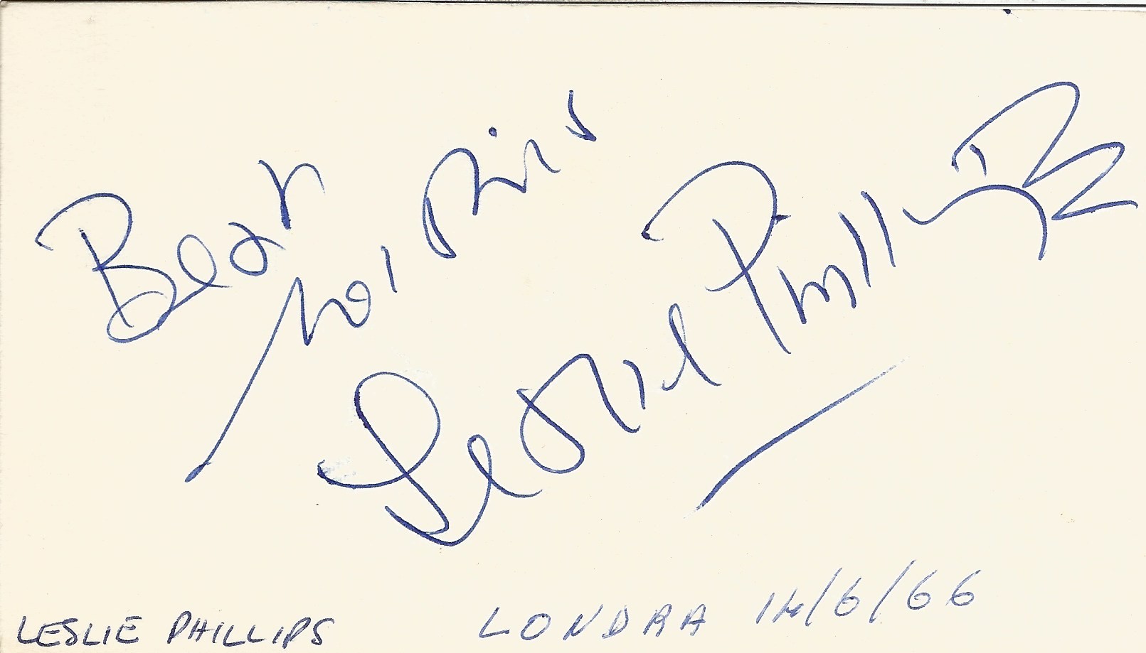 Leslie Phillips signed to clear back of vintage Tiberio Restaurant 4 x 3 inch contact card. From