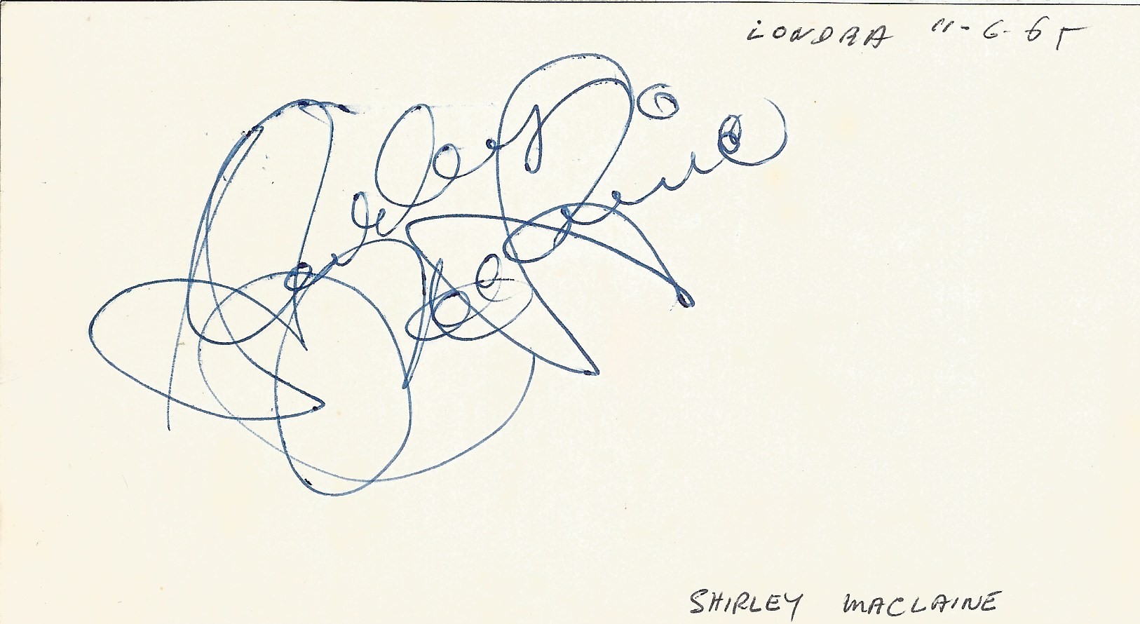 Shirley Maclaine signed to clear back of vintage Tiberio Restaurant 4 x 3 inch contact card. From