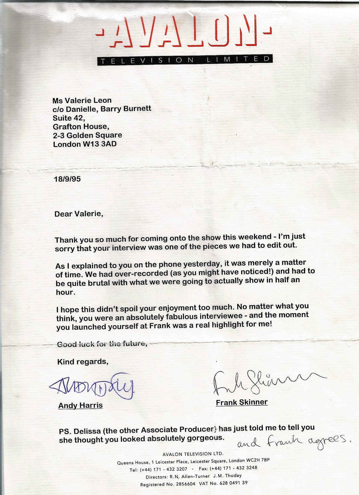 Frank Skinner signature on a letter from Avalon Television Ltd. Letter addressed to James Bond