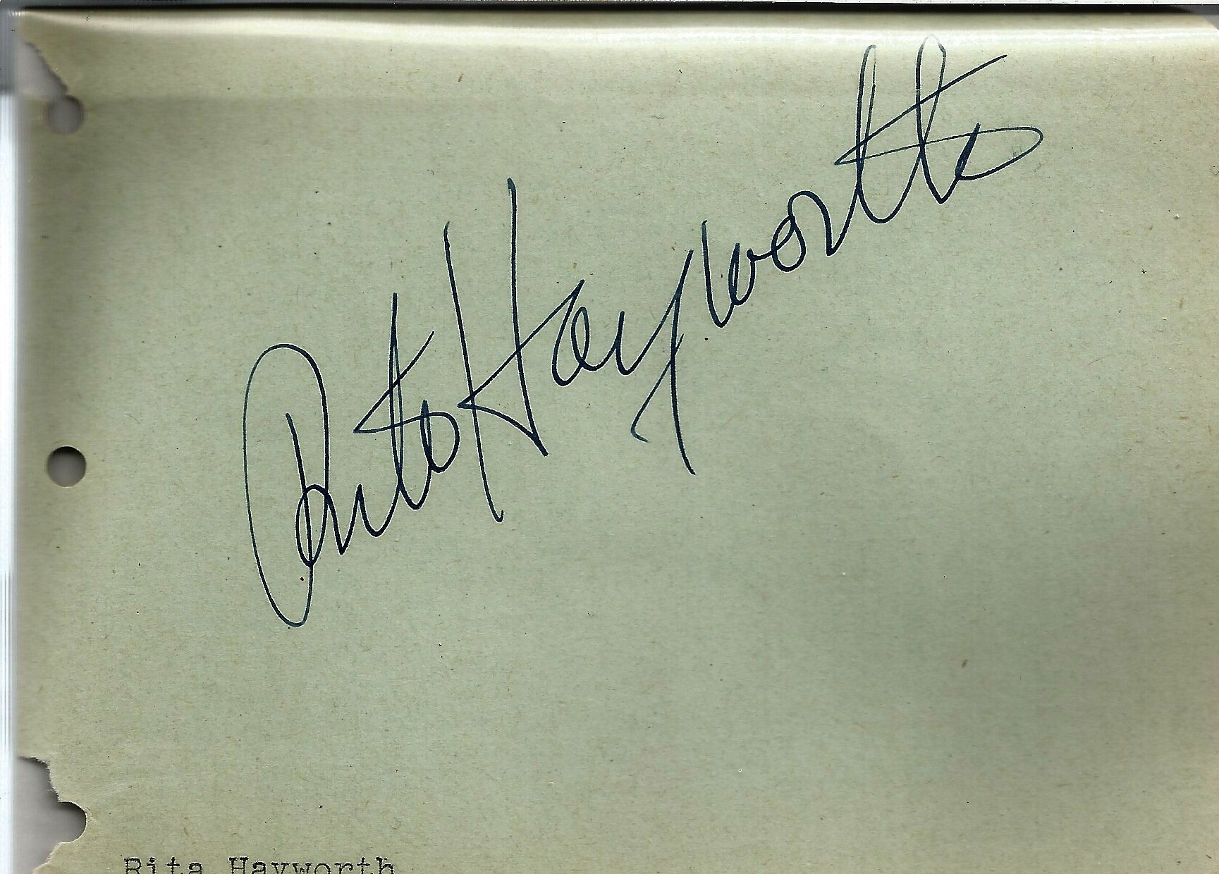 Rita Hayworth vintage signed autograph album page with 10 x 8 inch b/w unsigned photo. Good - Image 2 of 2