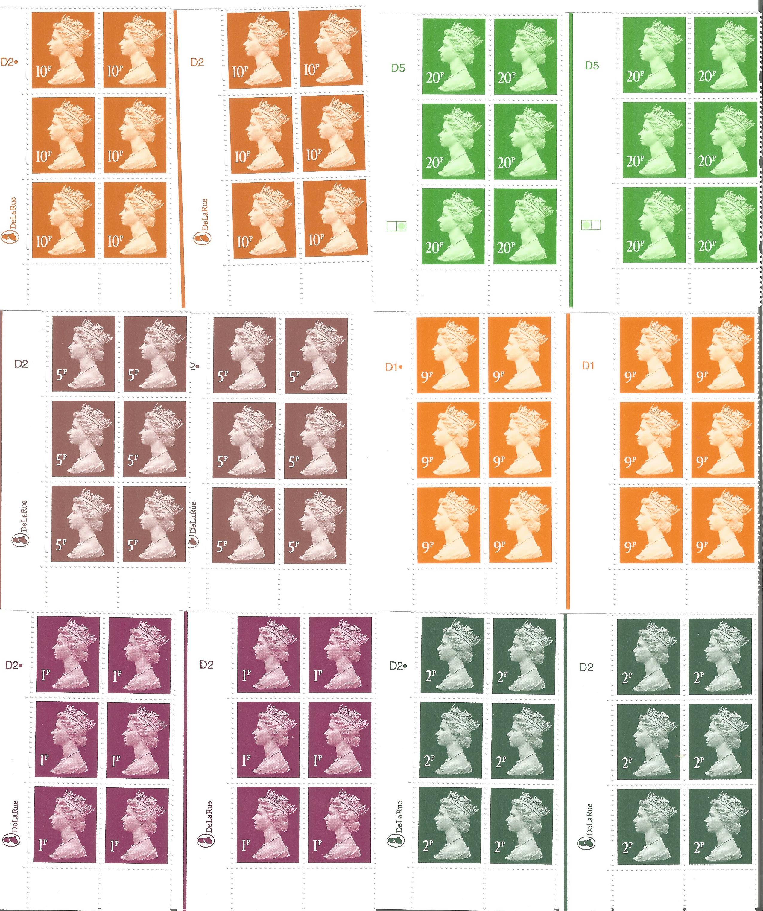 GB mint Stamps Elizabeth II, 12 De La Rue Machin Stamps Cylinder Blocks of 6, 12 x 1p, 12 x 2p, 12 x