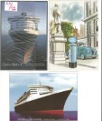 2 x Queen Mary 2 Postcards from her Maiden Voyage by Marine Art Posters with Stamps and Different