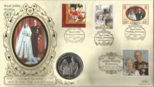 GB Benham Coin FDC PNC with Stamps and FDI Postmark Royal Golden Wedding Anniversary with 1 Crown