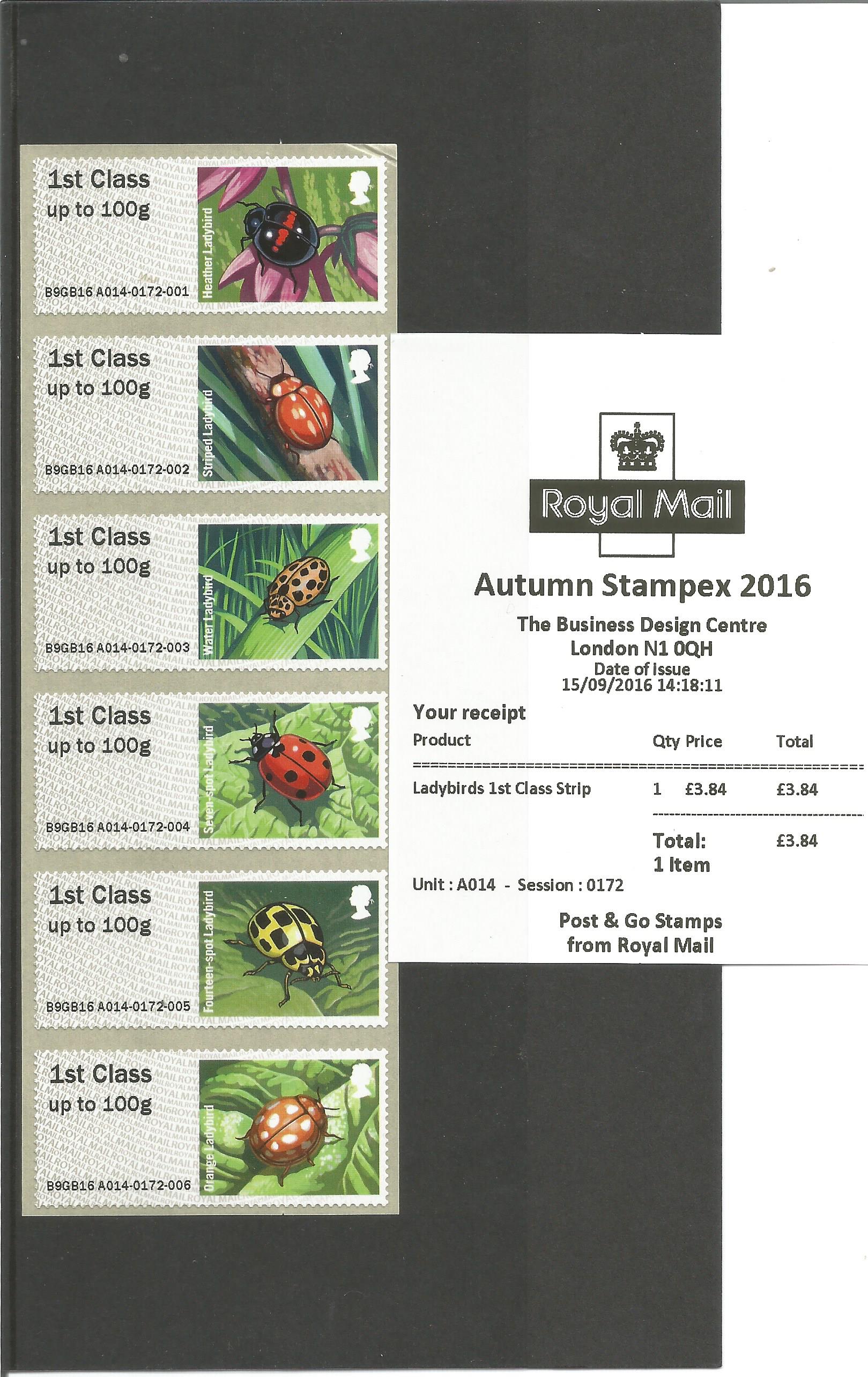 Royal Mail Post & Go Labels Ladybirds 1st Class Strip in a Hagner Block, 2016, ready to use. Good