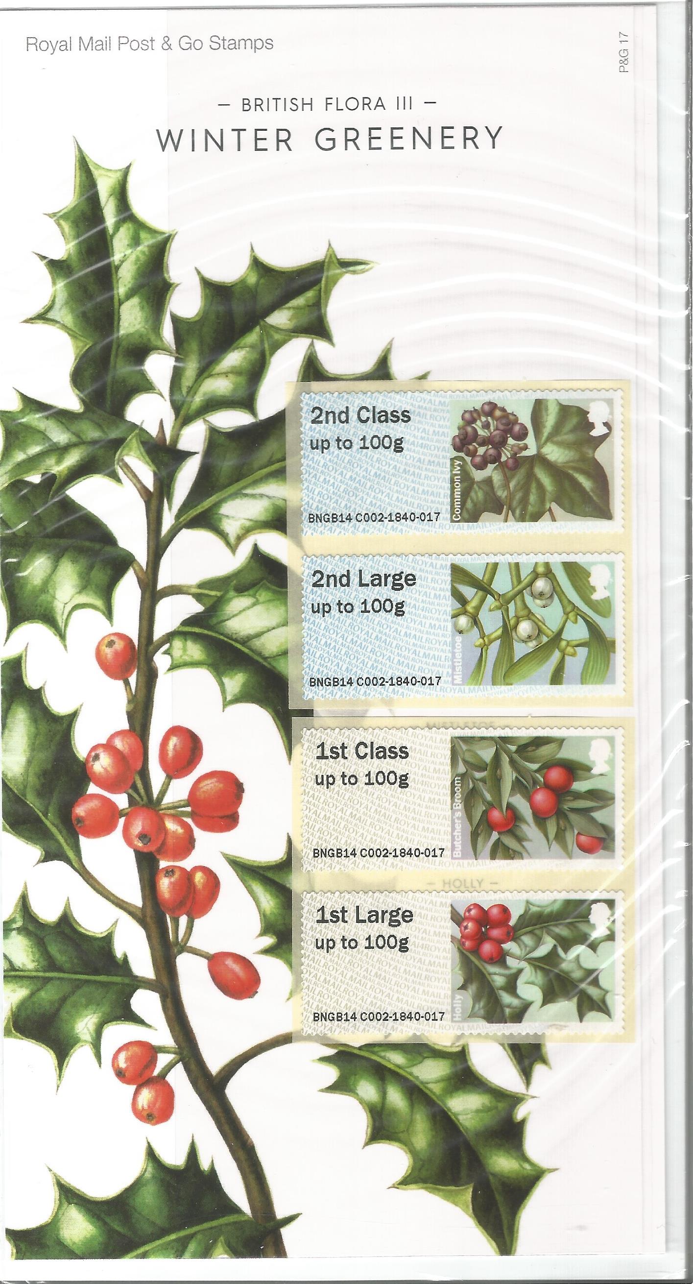 Royal Mail Post & Go Labels Collectors Pack no 17 British Flora II Winter Greenery 2014. Good