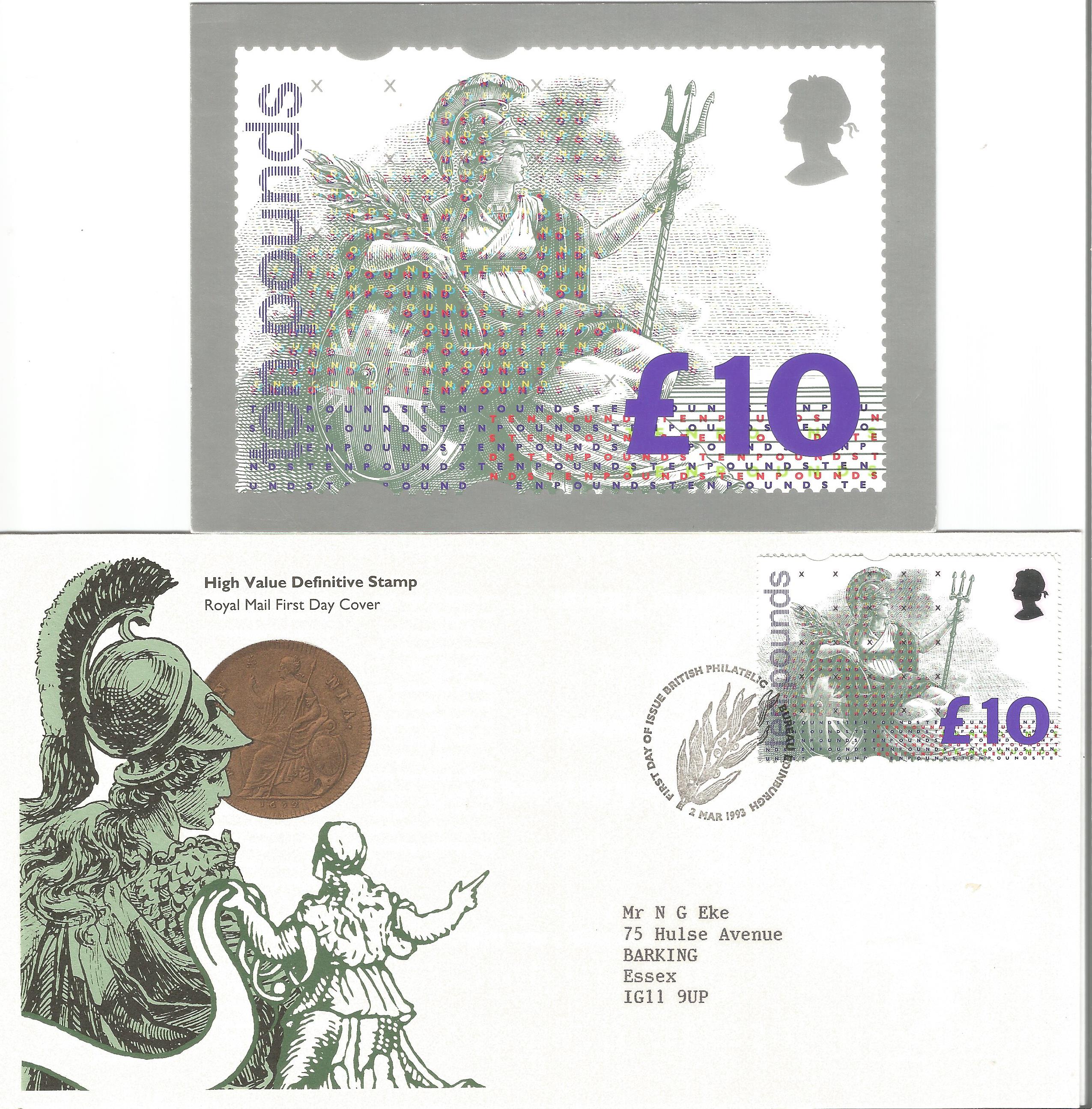 2 x High Value Definitive Stamp FDC £10 High Value Definitive (Britannia) with Stamps and