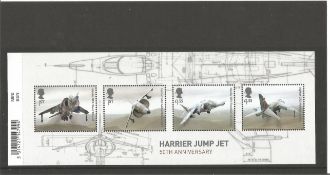 GB mint stamps Miniature Sheet Harrier Jump Jet 50th Anniversary 2 x 1st, 2 x £1.55. Good condition.