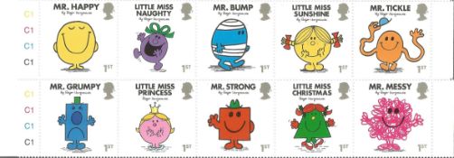 GB mint Stamp Strips Mr Men by Roger Hargreaves approx £8+ face value, Includes Mr Happy, Little