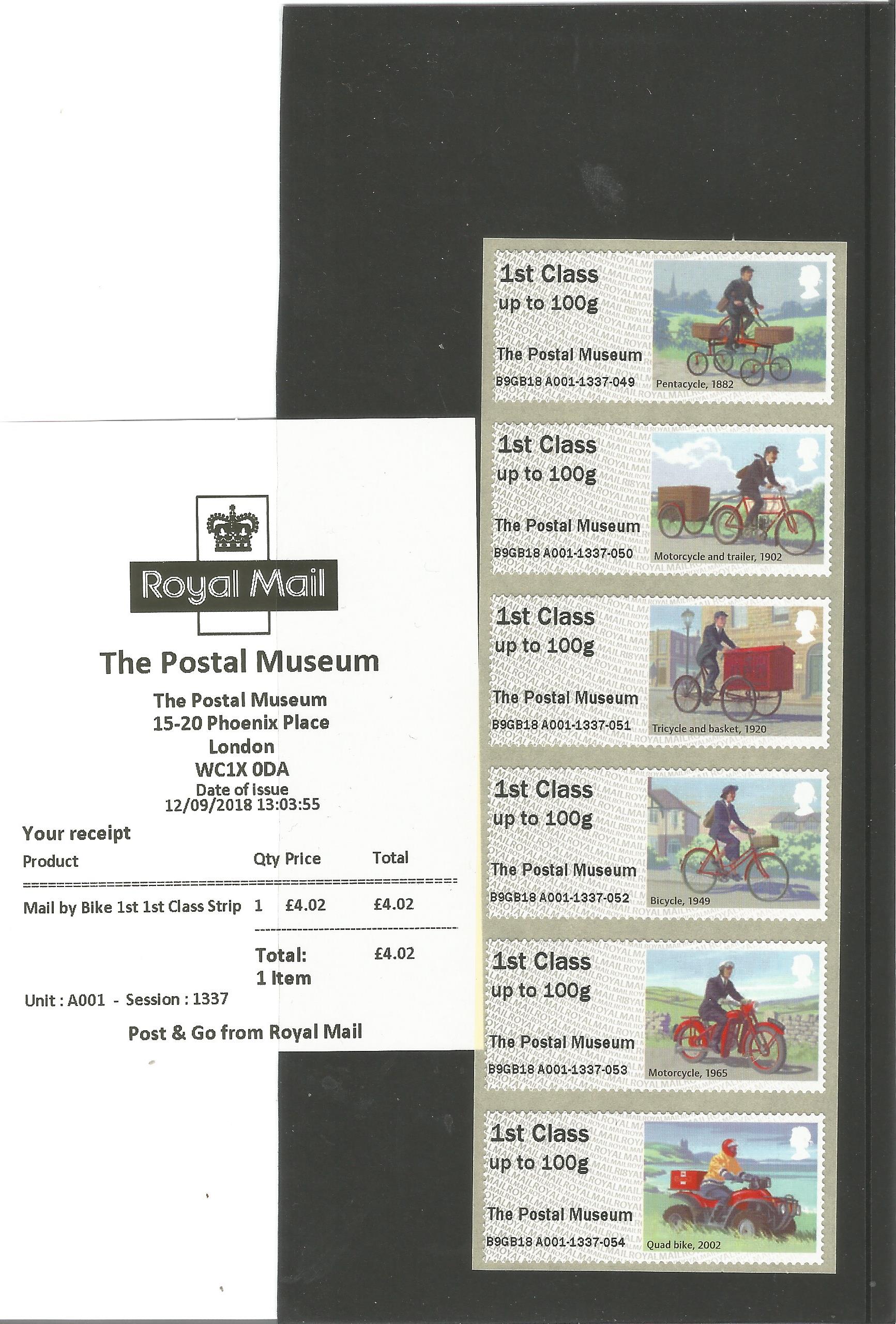 GB mint stamps Mail by Bike 1st Class Strip £4+ face value set in a Hagner Strip, ready to use. Good