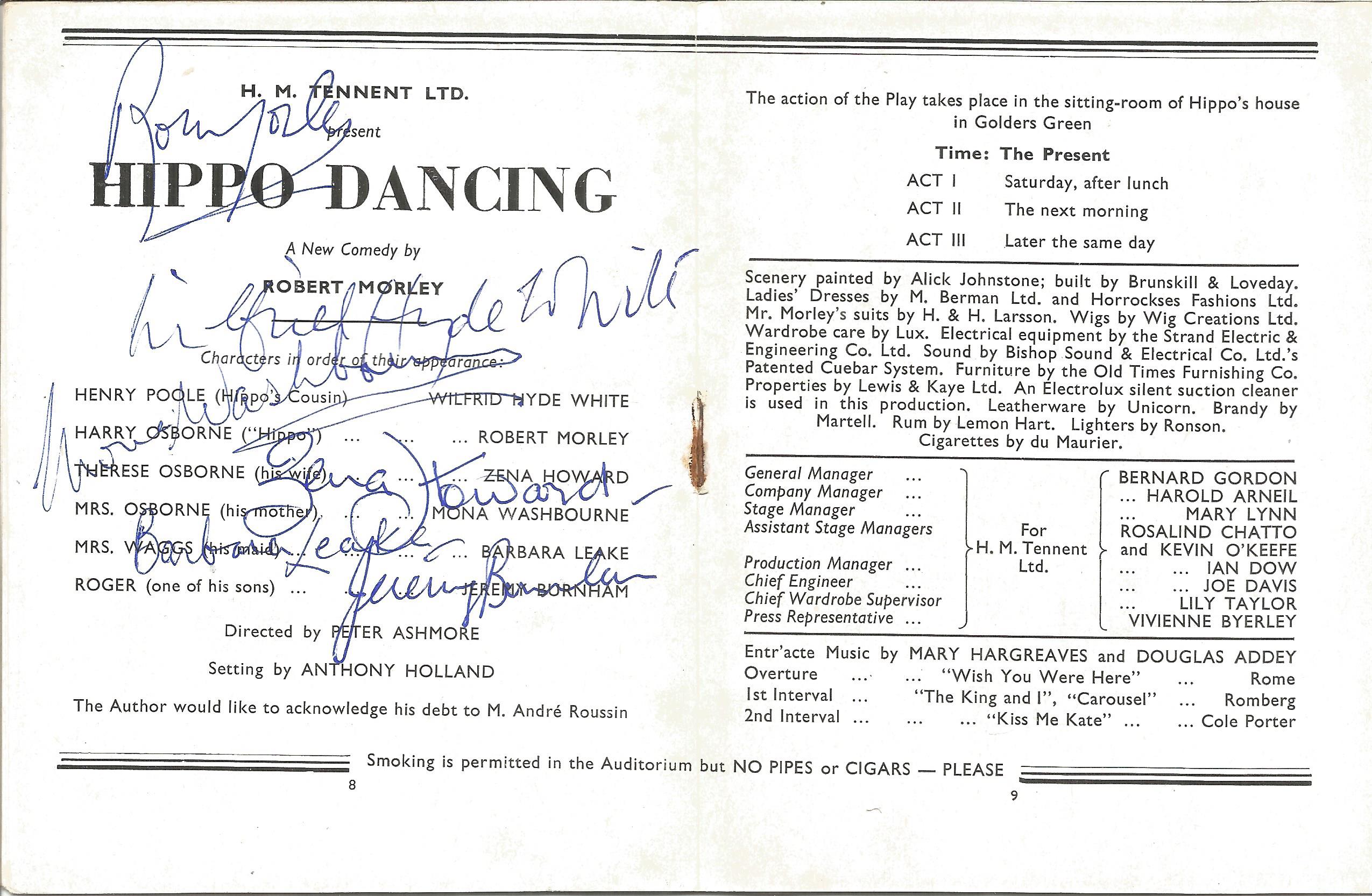 Hippo Dancing Vintage 1954 Theatre Programme Signed Inside By Robert Morley, Wilfred Hyde White,