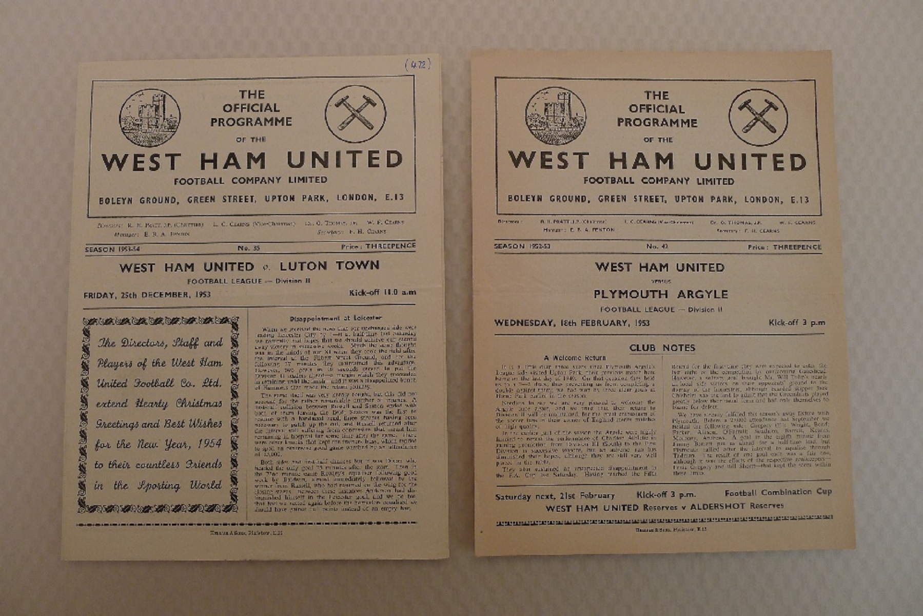 Vintage Football Programmes. 2 x West Ham United 1953 football programmes comprising v Luton