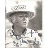 Richard Attenborough signed 3x3 black and white photo. Dedicated. Good condition. All autographs