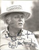 Richard Attenborough signed 3x3 black and white photo. Dedicated. Good condition. All autographs