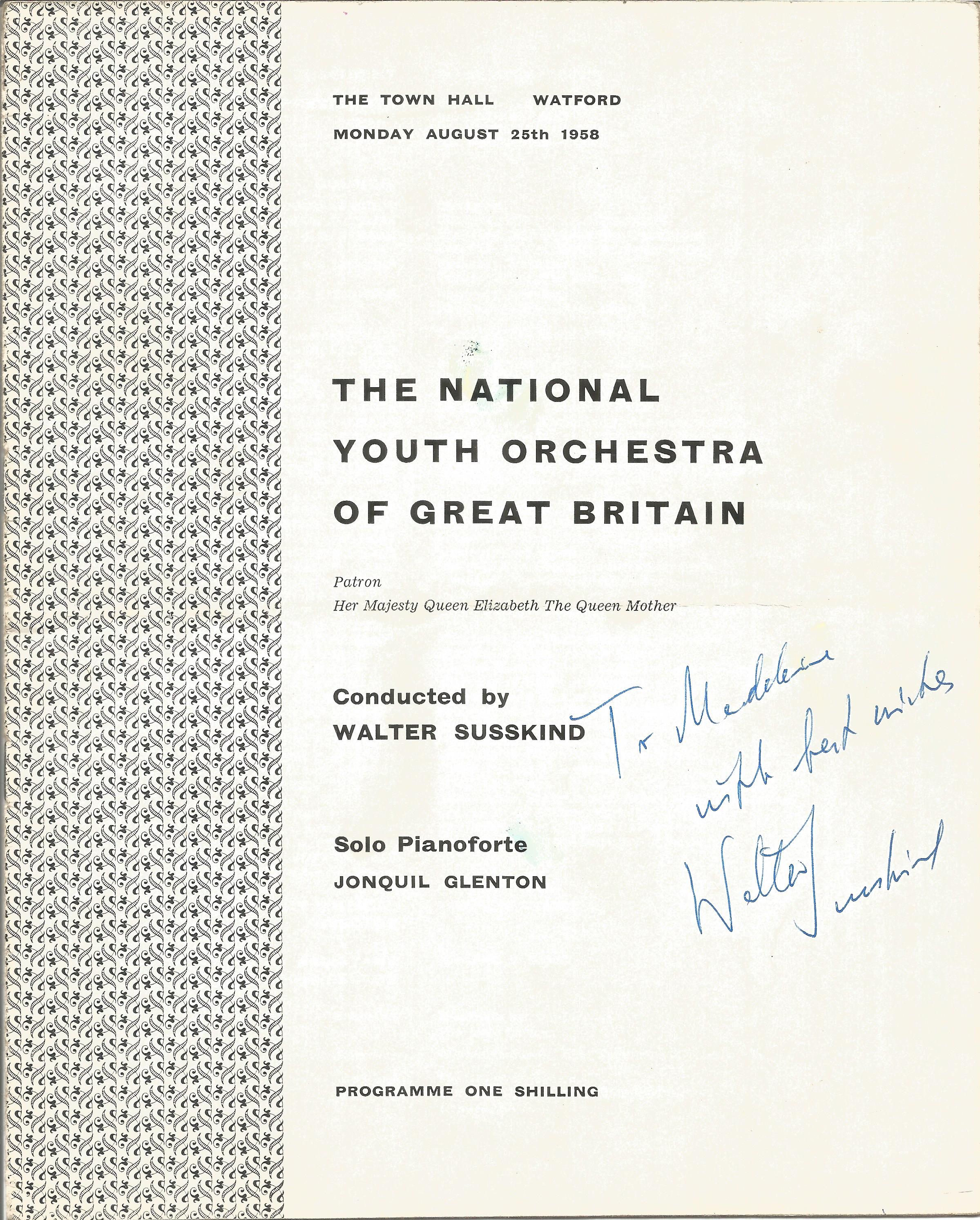 Walter Susskind signed National Youth Orchestra of Great Britain programme dated 25/8/1958. Signed