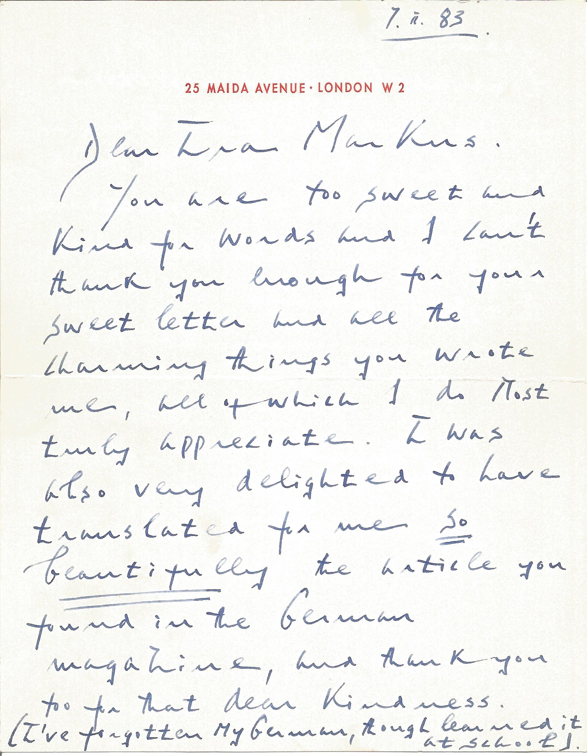 Edward Fox ALS dated 7/11/83 thanking the recipient for an article she had translated for him.