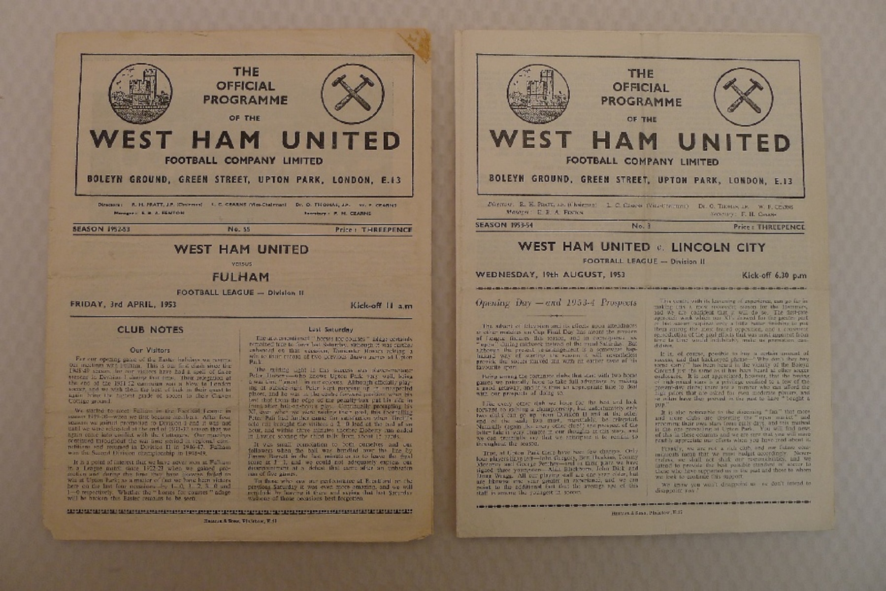 Vintage Football Programmes. 2 x West Ham United 1953 football programmes comprising v Fulham