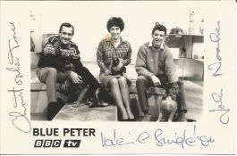 Blue Peter 5.5" by 3.5" cast card Signed by Christopher Trace, Valerie Singleton & John Noakes.