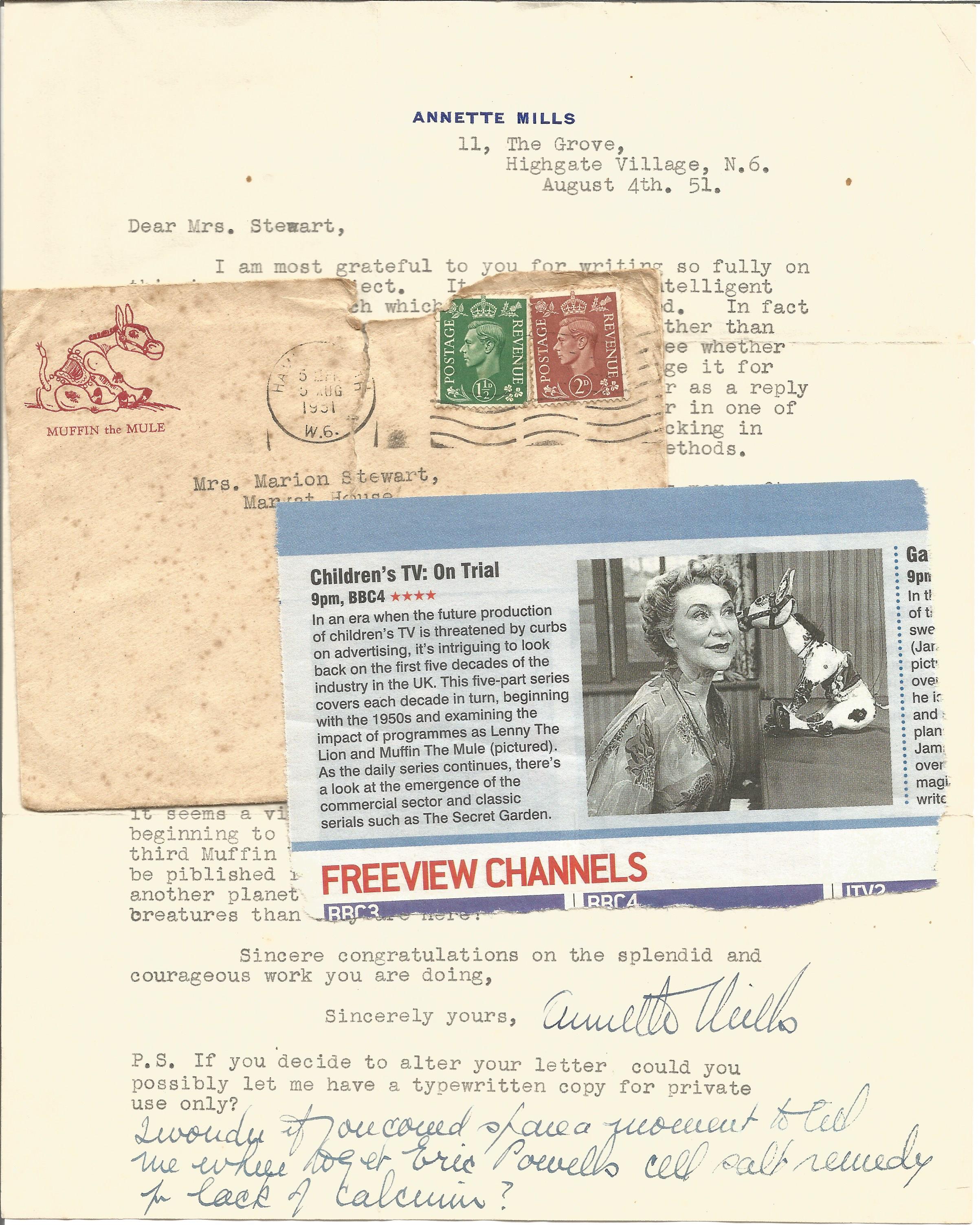 Annette Mills TLS dated 4/8/51 along with original mailing envelope. Good condition. All