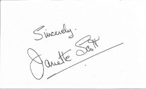 Janette Scott signed white card. Good condition. All autographs come with a Certificate of