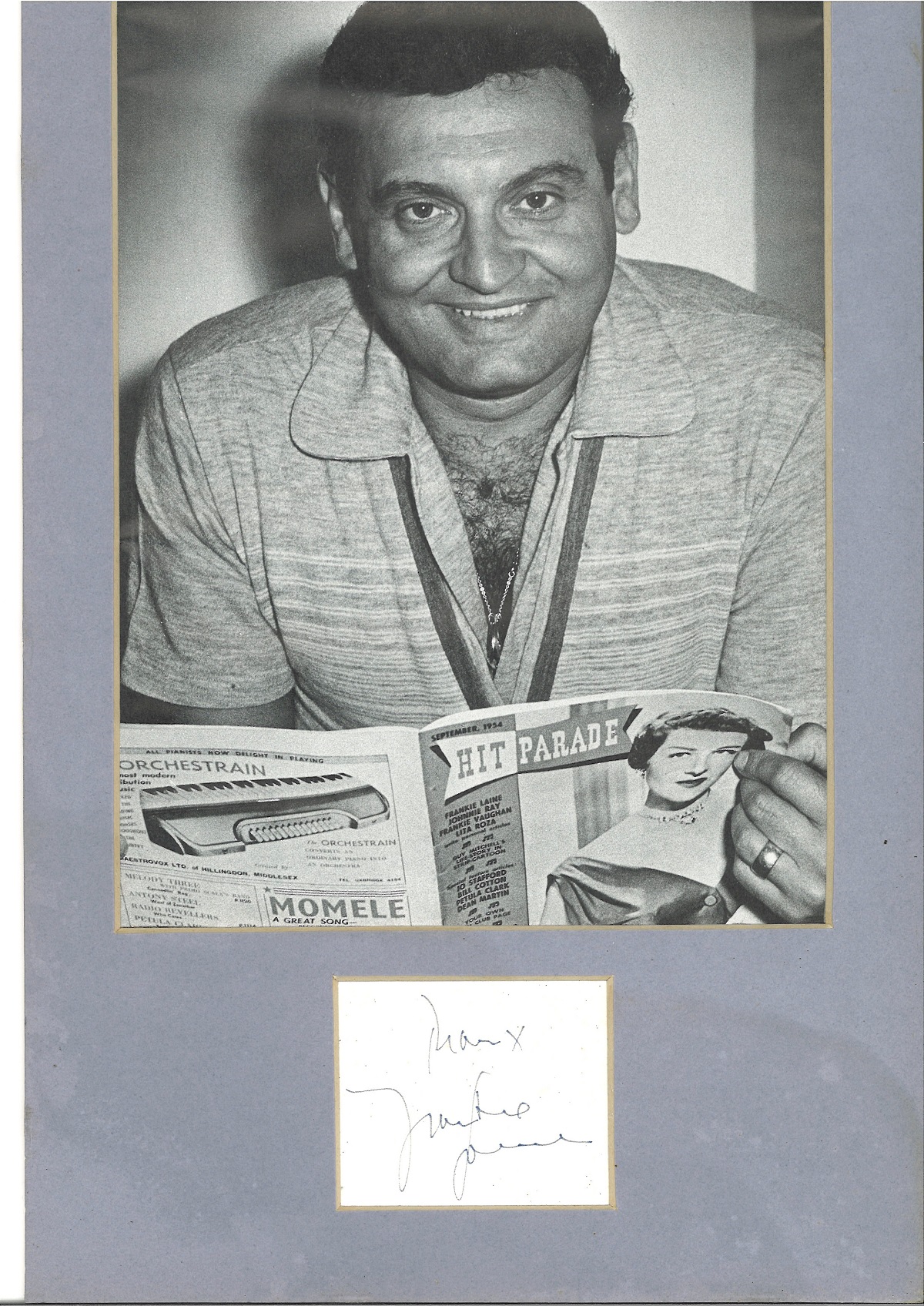 Frankie Laine (1913 2007) Singer Signed Card With 8x13 Mounted Photo. Good condition. All autographs
