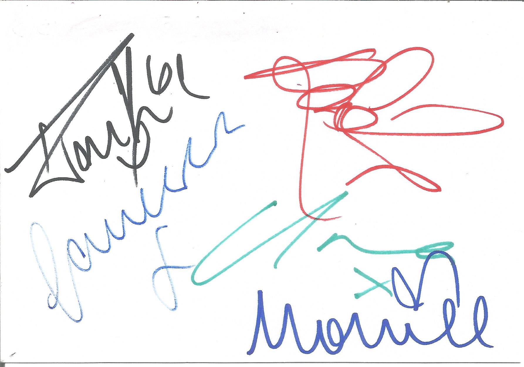 The Saturdays girl group signed white card. Signed by Frankie, Una, Rochelle, Mollie and Vanessa.